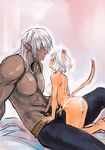  1boy 1girl animal_ears ass back belt cat_ears cat_tail doraeshi elvaan final_fantasy final_fantasy_xi grin mithra pointy_ears short_hair size_difference tail white_hair 
