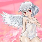  :o angel_wings arm_at_side bangs bare_arms bare_shoulders blush braid collarbone covered_navel covering covering_breasts cowboy_shot eyebrows_visible_through_hair feathered_wings floral_background flower french_braid hair_between_eyes hand_up kishin_sagume looking_at_viewer one-piece_swimsuit open_mouth pink_background red_eyes school_swimsuit shiny shiny_hair shiny_skin silver_hair single_wing solo swimsuit thick_thighs thighs touhou tsurime white_school_swimsuit white_swimsuit white_wings wings winn 