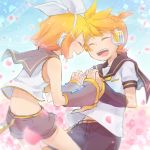  1boy 1girl back bare_shoulders bass_clef belt belt_buckle blonde_hair blush bow brother_and_sister buckle cherry_blossoms commentary_request cowboy_shot crop_top detached_sleeves eighth_note eyes_closed forehead-to-forehead hair_bow hair_ornament hairclip hand_holding headphones interlocked_fingers kagamine_len kagamine_rin leaning_forward musical_note necktie petals ponytail quarter_note reki_(arequa) sailor_collar short_hair short_sleeves shorts siblings sky smile staff_(music) twins vocaloid white_bow yellow_neckwear 