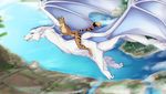  anthro blue_hair breasts claws day detailed_background dragon duo featureless_breasts feline female feral flying fur hair lycangel male mammal membranous_wings nude open_mouth outside riding serval smile water white_fur wings 