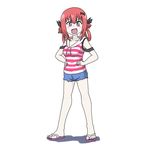  bat_hair_ornament commentary_request denim denim_shorts dodo_(yad-ddi) fang full_body gabriel_dropout hair_ornament hair_rings highres hood hoodie kurumizawa_satanichia_mcdowell open_mouth red_eyes red_hair sandals shirt shorts sleeveless sleeveless_hoodie solo striped striped_shirt 