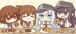  akatsuki_(kantai_collection) anchor_symbol brown_eyes brown_hair closed_eyes commentary_request doughnut eating flat_cap folded_ponytail food hair_ornament hairclip hat hibiki_(kantai_collection) ikazuchi_(kantai_collection) inazuma_(kantai_collection) kantai_collection kata_meguma long_hair mister_donut multiple_girls neckerchief open_mouth school_uniform serafuku short_hair silver_hair 