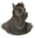  2017 anthro biped black_clothing black_topwear boar brown_eyes brown_fur brown_hair bust_portrait clothed clothing digital_media_(artwork) eyebrows front_view fur hair male mammal mohawk nastyspook porcine portrait shirt simple_background snout solo tank_top tusks white_background 