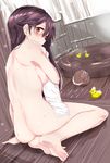  absurdres ahoge ass bad_feet bare_back barefoot basin bathtub black_hair blush breasts covering dutch_angle from_behind full_body highres indoors kantai_collection kengorou_saemon_ii_sei large_breasts long_hair looking_at_viewer nude_cover open_mouth rubber_duck sitting soles solo toes towel ushio_(kantai_collection) washbowl water wooden_floor wooden_wall 