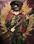  belt blonde_hair blue_eyes gun hat highres holding holding_gun holding_weapon looking_at_viewer military military_hat military_uniform short_hair solo sugi87 tanya_degurechaff uniform weapon youjo_senki 