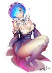  2017 arm_support artist_name black_ribbon blue_eyes blue_hair bottomless bow breasts cleavage closed_mouth dated detached_sleeves eyelashes frills full_body gradient_hair hair_ornament hair_over_one_eye hair_ribbon heart henry_davis highres knees_up looking_at_viewer maid medium_breasts multicolored_hair no_shoes pink_ribbon purple_hair re:zero_kara_hajimeru_isekai_seikatsu rem_(re:zero) ribbon ribbon-trimmed_clothes ribbon-trimmed_sleeves ribbon_trim short_hair signature simple_background sitting smile solo thighhighs underbust white_background white_bow white_legwear x_hair_ornament 