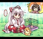  2girls animal_ears bamboo bow bunny bunny_ears cage carrot carrot_necklace dress fujiwara_no_mokou hair_bow hair_ribbon heart inaba_tewi jewelry long_hair lowres multiple_girls ofuda pants pendant pink_dress pote_(ptkan) red_eyes ribbon shirt silver_hair sitting spoken_ellipsis spoken_heart suspenders touhou very_long_hair white_hair 