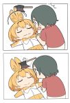  /\/\/\ 2girls absurdres animal_ears axe blonde_hair blood bow bowtie chibi closed_mouth crossed_arms elbow_gloves gloves green_hair hairband highres kaban_(kemono_friends) kasa_list kemono_friends multiple_girls no_hat no_headwear open_mouth orange_gloves orange_neckwear orange_skirt pleated_skirt red_shirt serval_(kemono_friends) serval_ears serval_tail shirt short_sleeves shorts skirt sleeveless sleeveless_shirt smile sweat tail wavy_mouth white_hairband white_neckwear white_shirt white_shorts 