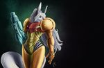  anthro armor clothed clothing cosplay feline female fur hair mammal metroid nintendo saber-toothed_cat samus science_fiction simple_background smile snow_(snowier) solo standing video_games vyotl_(artist) weapon white_fur 