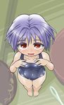  :d barefoot blue_swimsuit blush bowl colored_eyelashes commentary_request covered_navel from_above looking_at_viewer looking_up minigirl needle one-piece_swimsuit open_mouth purple_hair red_eyes school_swimsuit shiny shiny_clothes short_hair smile solo standing sukuna_shinmyoumaru swimsuit touhou winn 