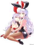  aken animal_ears black_leotard bow bowtie breasts bunny_ears bunny_tail bunnysuit character_request cleavage detached_collar elsword eve_(elsword) fishnet_pantyhose fishnets highres large_breasts leotard long_hair multiple_girls pantyhose red_eyes red_leotard sitting strapless strapless_leotard tail wariza white_hair wrist_cuffs yellow_eyes 