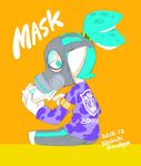  2016 armband artist_name bike_shorts blue_eyes blue_hair cellphone character_name dated gas_mask half-closed_eyes hinodeya_sankichi looking_at_viewer looking_back male_focus mask-kun_(splatoon) orange_background phone pointy_ears signature simple_background sitting smartphone solo splatoon_(manga) splatoon_(series) splatoon_1 tentacle_hair topknot 