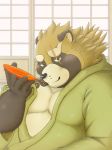  2019 anthro belly black_nose brown_fur canid canine clothing fur green_eyes gyobu humanoid_hands jinku_56 male mammal moobs overweight overweight_male raccoon_dog robe scar solo tanuki tattoo tokyo_afterschool_summoners video_games 