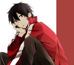  black_hair earphones jacket jersey kagerou_project kisaragi_shintarou looking_at_viewer male_focus red_jacket solo tsukimori_usako 