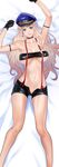  armband black_gloves blonde_hair blue_eyes breasts choker dakimakura gloves hat huge_breasts jewelry long_hair looking_at_viewer macross macross_frontier mikazuki_shigure navel peaked_cap sheryl_nome short_shorts shorts single_earring smile solo underboob 