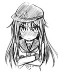  akatsuki_(kantai_collection) blush crossed_arms greyscale hat ichimi kantai_collection long_hair looking_at_viewer monochrome neckerchief school_uniform serafuku sketch solo upper_body 