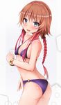  ass bikini blue_bikini bracelet braid breasts gradient_hair highres idolmaster idolmaster_cinderella_girls jewelry long_hair marumaru multicolored_hair ninomiya_asuka open_mouth orange_hair purple_eyes small_breasts solo standing swimsuit twin_braids two-tone_hair white_background 