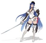  :d akame_ga_kill! blue_eyes blue_hair boots breasts cleavage collar esdeath full_body gradient_hair hat highres holding_leash large_breasts leash long_hair mikazuki_shigure military military_uniform multicolored_hair open_mouth peaked_cap smile solo sword thigh_boots thighhighs uniform very_long_hair weapon white_background white_footwear white_legwear zettai_ryouiki 