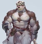  abs anthro balls canine clothing embarrassed erection horkeukamui male mammal muscular muscular_male nipples null-ghost pecs penis solo tokyo_afterschool_summoners wolf 