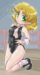  armpit_peek bangs bare_shoulders black_footwear black_swimsuit blonde_hair blush breasts closed_mouth covered_navel eyebrows_visible_through_hair fence full_body green_eyes highleg highleg_swimsuit kneeling looking_at_viewer looking_to_the_side mary_janes medium_breasts mizuhashi_parsee one-piece_swimsuit outdoors pointy_ears scarf school_swimsuit shiny shiny_clothes shiny_hair shiny_skin shoes sideboob smile socks solo swimsuit tareme touhou white_legwear winn wrist_cuffs 