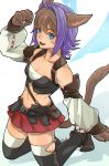  ahoge animal_ears animal_hand aqua_eyes belt belt_buckle black_legwear blue_wings boots breasts brown_footwear brown_hair buckle cat_ears cat_girl cat_tail cleavage cosplay detached_sleeves echo_(mff) eyebrows_visible_through_hair facepaint fang final_fantasy kneeling looking_at_viewer medium_breasts miniskirt miqo&#039;te miqo&#039;te_(cosplay) mobius_final_fantasy multicolored_hair navel open_mouth payu_(pyms11) pleated_skirt pouch purple_hair red_skirt shadow signature simple_background skirt stitches tail thighhighs two-tone_hair wings zettai_ryouiki 