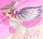  2017 :d bangs bare_arms bare_shoulders bird_wings blush breasts brown_eyes brown_hat commentary_request cowboy_shot eyebrows_visible_through_hair fang feathered_wings from_side hands_on_hips hat head_wings looking_at_viewer looking_to_the_side mob_cap mystia_lorelei one-piece_swimsuit open_mouth pink_background pink_hair school_swimsuit see-through shadow shiny shiny_clothes shiny_hair shiny_skin small_breasts smile solo standing swimsuit thighs touhou wet wet_clothes white_school_swimsuit white_swimsuit winged_hat wings winn 