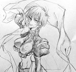  1girl artist_request breasts female houshin_engi large_breasts looking_at_viewer monochrome ou_kijin short_hair smile solo traditional_media 