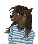  anthro canine clothed clothing evlampyshka fangs female fur hair looking_at_viewer mammal smile solo teeth 