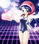  blue_eyes blue_hair blush book breasts doremy_sweet dream_soul glaring hat jitome looking_at_viewer nightcap school_swimsuit shiny shiny_clothes short_hair smile solo standing swimsuit touhou winn 