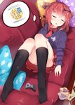  :3 artist_name bat_hair_ornament black_legwear blush bread closed_eyes cloud_print collared_shirt company_name controller couch cross_of_saint_peter cross_print demon_girl demon_horns dreaming drooling eyebrows_visible_through_hair food from_above full_body gabriel_dropout game_controller hair_between_eyes hair_ornament hair_rings highres hood hoodie horns kneehighs kurumizawa_satanichia_mcdowell lawson long_sleeves lying melon_bread nahaki necktie on_back orange_hair panties parted_lips pillow pleated_skirt red_neckwear red_skirt shirt short_necktie signature skirt sleeping solo stuffed_animal stuffed_bunny stuffed_toy thought_bubble underwear white_panties wing_collar |_| 