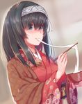  black_hair blue_eyes bowl chopsticks commentary_request eating floral_print food genjiguruma hairband highres idolmaster idolmaster_cinderella_girls japanese_clothes kimono maru_(maru1625) mochi mochi_trail sagisawa_fumika solo zouni_soup 