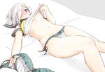  bare_legs bed bed_sheet blue_eyes blush bra bra_removed breasts commentary_request e_mishi eyes_visible_through_hair hair_ornament hair_over_one_eye hairclip hamakaze_(kantai_collection) kantai_collection large_breasts looking_at_viewer lying on_back open_mouth panties school_uniform serafuku short_hair side-tie_panties silver_hair solo thighs underwear 