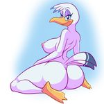 2017 anthro areola avian beak big_butt bird blue_sclera breasts butt feathers female half-closed_eyes lonbluewolf looking_at_viewer looking_back nipples purple_eyes seagull solo 