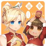  2girls :d alternate_hairstyle angpao arms_up atobesakunolove blonde_hair blue_eyes border brown_eyes brown_hair child china_dress chinese_clothes chinese_new_year commentary_request dress fang fingernails hair_ornament hair_stick hair_tubes hair_up holding lace lace-trimmed_dress light_smile long_sleeves looking_at_another mercy_(overwatch) multiple_girls nail_polish object_on_head open_mouth orange_background outline overwatch pharah_(overwatch) pouch red_dress red_nails short_hair simple_background sleeveless sleeveless_dress smile spoken_ellipsis sweatdrop translation_request upper_body v-shaped_eyebrows white_border younger 