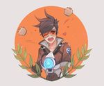  ;d bangs bodysuit bomber_jacket brown_eyes brown_hair brown_jacket collarbone cupcake ear_piercing food goggles harness heart highres jacket leaf military_rank_insignia neosnim one_eye_closed open_mouth overwatch piercing plant short_hair sleeves_rolled_up smile solo spiked_hair spoken_heart strap teeth tracer_(overwatch) upper_body vambraces 
