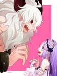  1boy 1girl asterios_(fate/grand_order) bare_shoulders breasts choker dress euryale fate/grand_order fate/hollow_ataraxia fate_(series) grey_hair hair_ornament hairband height_difference horns long_hair open_mouth pink_background purple_eyes purple_hair red_eyes ring twintails 