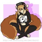  anthro canine clothed clothing dtalvi female hat headphones looking_at_viewer mammal mask sitting solo thick_thighs 