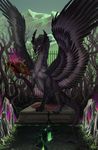  4_toes baphometall black_feathers black_fur book day detailed_background digital_media_(artwork) dragon feathered_dragon feathered_wings feathers feral fur furred_dragon nude open_mouth outside sitting solo teeth toes tongue white_eyes wings 