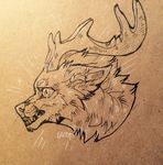  ambiguous_gender antlers canine evlampyshka fangs feral fur horn hybrid mammal solo teeth traditional_media_(artwork) 
