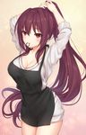  adjusting_hair alternate_hairstyle apron arms_up blush breasts cleavage eyebrows_visible_through_hair fate/grand_order fate_(series) highres large_breasts long_hair looking_at_viewer mashu_003 mouth_hold ponytail purple_hair red_eyes scathach_(fate)_(all) scathach_(fate/grand_order) smile solo thighs tying_hair 