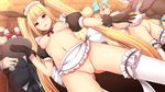  apron aqua_eyes blazblue blonde_hair bow breasts censored daiaru detached_sleeves gloves long_hair maid_headdress medium_breasts mosaic_censoring multiple_girls naked_apron nipples platinum_the_trinity pussy rachel_alucard red_bow red_eyes small_breasts thighhighs waist_apron 