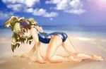  all_fours ass barefoot beach blonde_hair blue_swimsuit blush day earmuffs full_body looking_back sand school_swimsuit shiny shiny_clothes short_hair soles solo swimsuit touhou toyosatomimi_no_miko wet winn yellow_eyes 