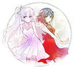  black_hair blue_eyes breasts cleavage commentary dress earrings iesupa jewelry multiple_girls ponytail red_dress ruby_rose rwby silver_eyes small_breasts weiss_schnee white_dress white_hair 