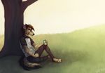 anthro canine clothed clothing collar evlampyshka fur hair looking_at_viewer male mammal outside sitting solo 