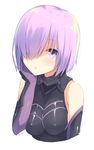  armor armored_dress bangs black_gloves blush breasts cleavage commentary elbow_gloves eyebrows_visible_through_hair fate/grand_order fate_(series) gloves hair_over_one_eye hand_on_own_cheek large_breasts looking_at_viewer mash_kyrielight mimura_zaja parted_lips purple_eyes purple_hair short_hair simple_background smile solo twitter_username upper_body white_background 