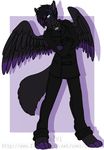  anthro canine clothed clothing collar dtalvi feathered_wings feathers looking_at_viewer male mammal smile solo spiked_collar spikes standing wings 
