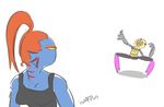  boots breasts clothed clothing comic digital_media_(artwork) duo footwear happy isabunnie monster_kid mtt_brand_legs open_mouth shirt simple_background teeth tongue tongue_out undertale undyne video_games what_has_science_done white_background yelling 