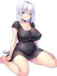  barefoot blue_eyes blush breasts chain cleavage collar covered_nipples dress highres huge_breasts looking_at_viewer original short_dress short_hair silver_hair simple_background sitting solo tsukumiya_amane wariza white_background 