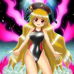  blonde_hair blush breasts competition_swimsuit hat highleg highleg_swimsuit junko_(touhou) legacy_of_lunatic_kingdom long_hair one-piece_swimsuit red_eyes shiny shiny_clothes smile solo swimsuit touhou very_long_hair winn 