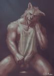  2016 anthro athletic balls black_nose blue_eyes brown_fur canine clothed clothing digital_media_(artwork) erection front_view fur hand_on_shoulder hanukami humanoid_penis looking_at_viewer male mammal muscular muscular_male nipples pecs penis presenting presenting_penis shirt sitting solo tank_top wet_shirt wolf 